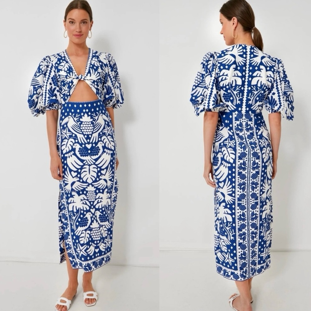 Farm Rio Blue and White Puff Sleeve Cutout Dress